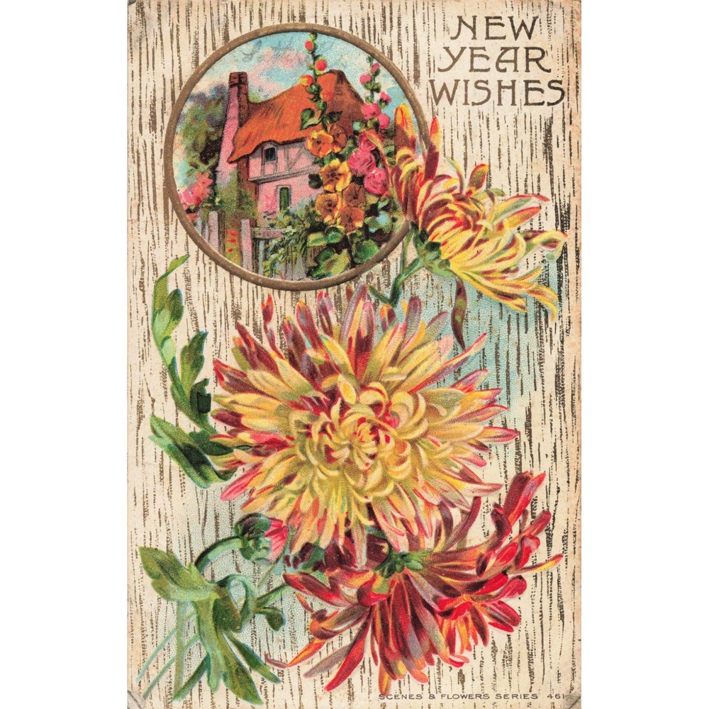 Vtg New Year Wishes Postcard Scenes Flowers Series 461 Embossed Cottage Flower - Picture 1 of 2